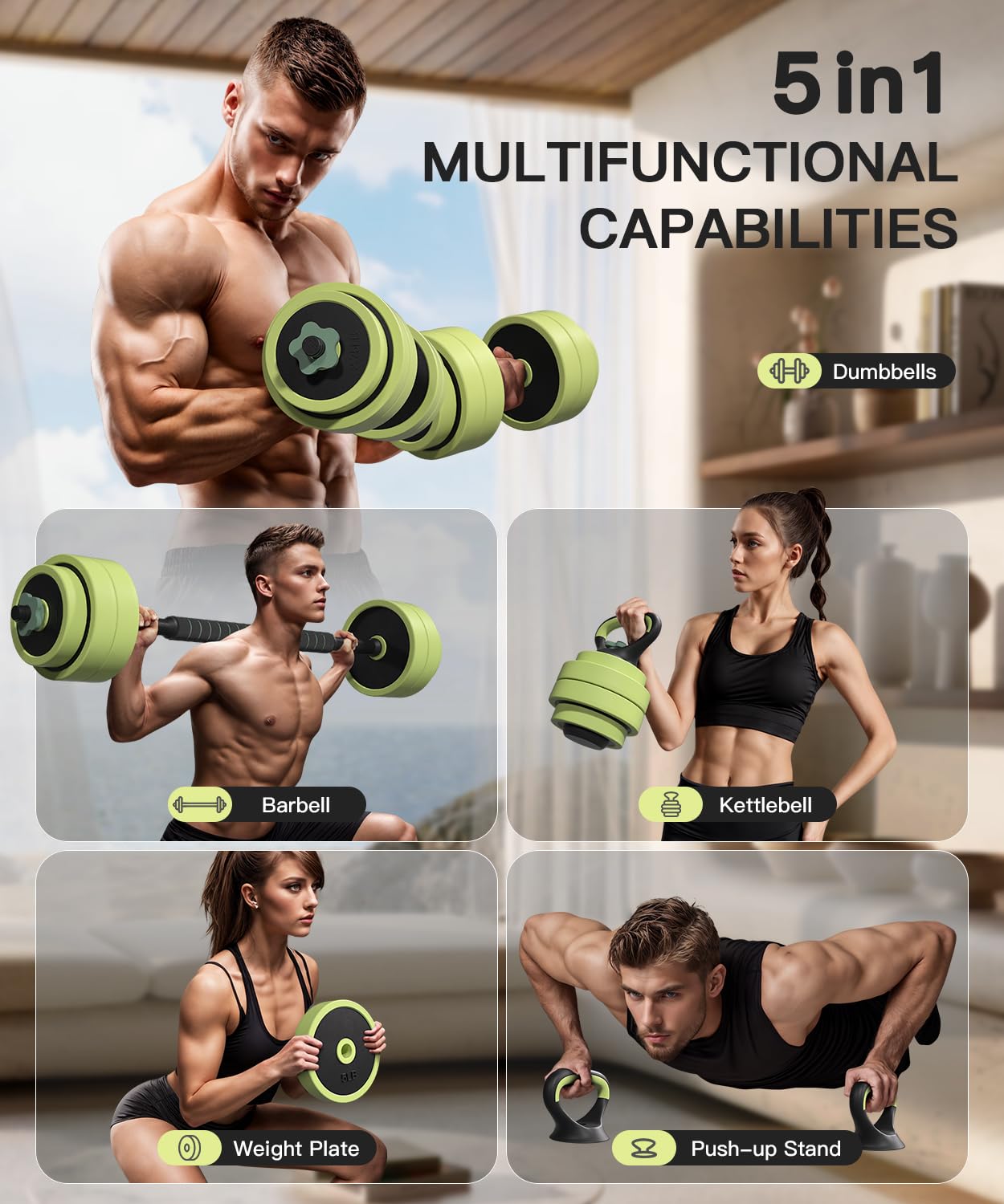 Adjustable Dumbbell Set 22/42/62LBS, 5-in-1 Free Weight Set Used as Dumbbell,Kettlebell,Barbell, Push-Up Stand,Fitness Exercises for Home Gym Suitable Men/Women