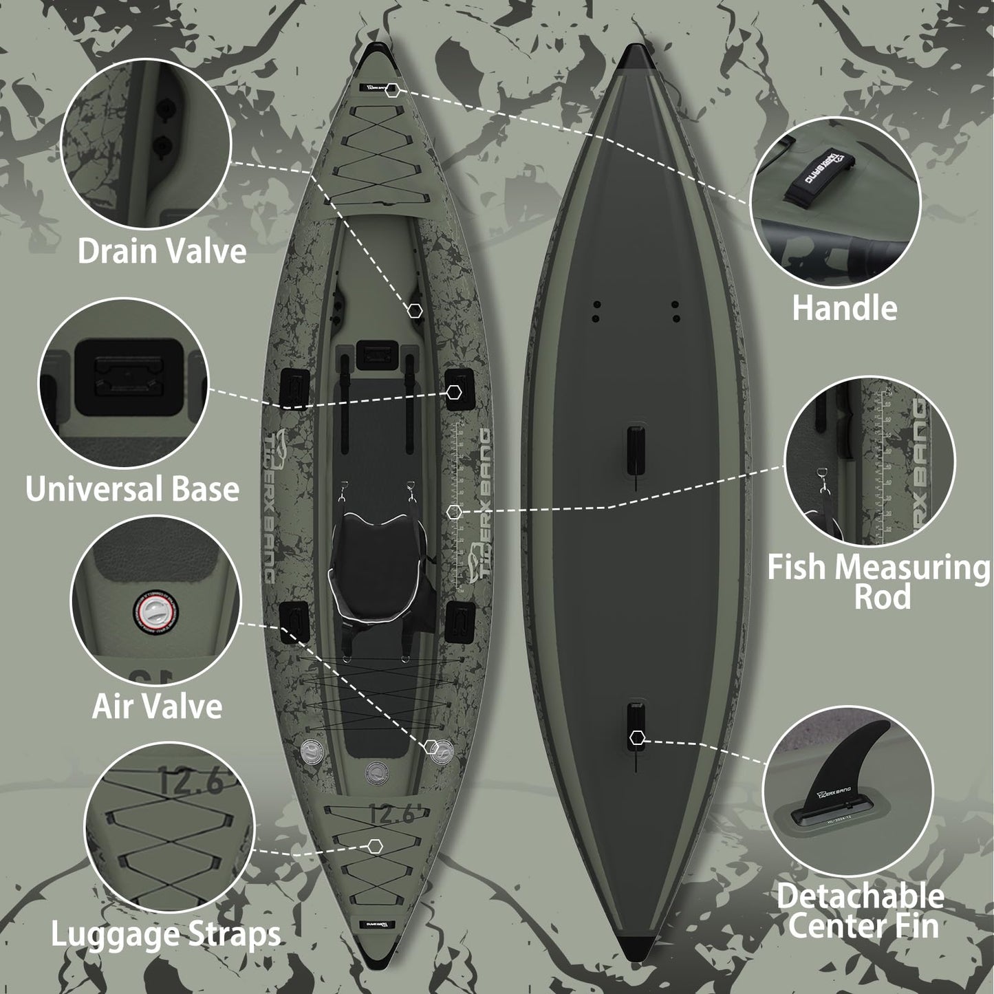 TIGERXBANG Inflatable Kayak with Detachable Seat,12.6'x40''x10.6''SUP-Kayak Set (Hand Pump/Aluminium Paddle/Backpack/and Multi-Functional Base),Adult/Kid Kayak Boat for Fishing ,Touring