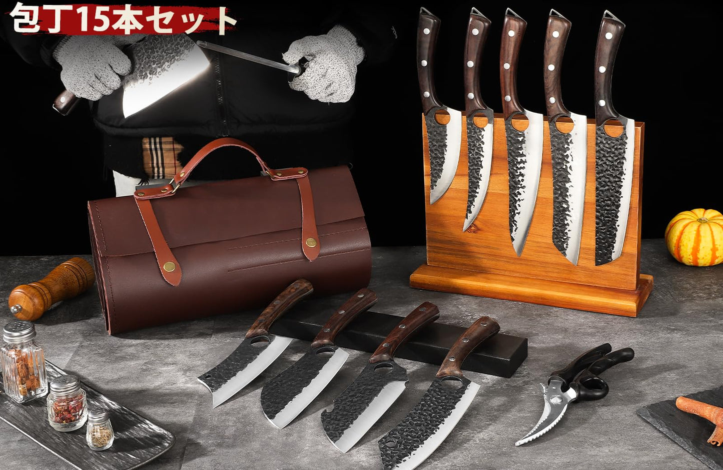 DRGSKL Serbian Chef Knife Set, Hand Forged Butcher Knife Set with Knife Bag, High Carbon Steel Kitchen Knives Set Meat Cleaver Boning Knife Viking Knives for Brisket Trimming, Gifts for Dad