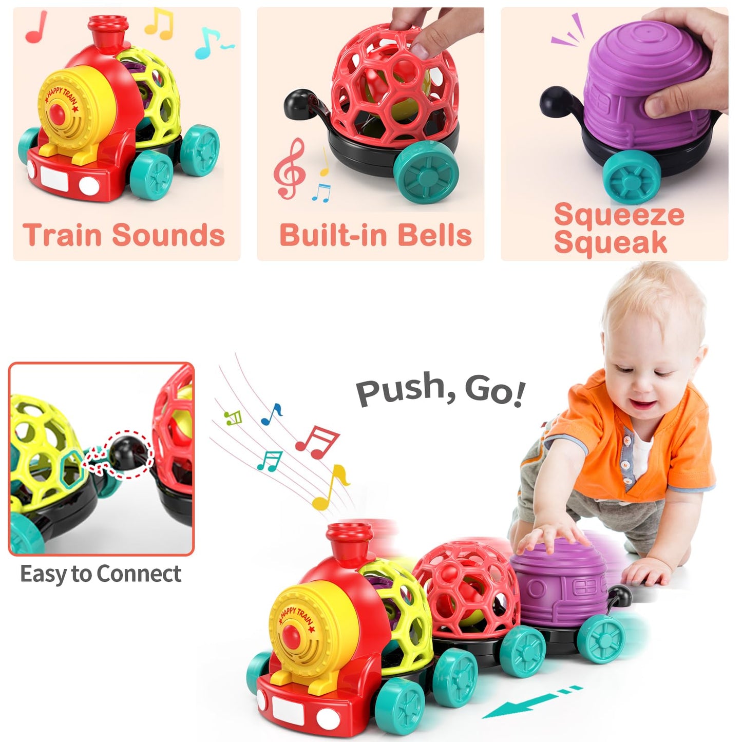 WEEJOYGAM Train Baby Toys 6-12 Months, Infant Soft Cars for Toddlers 1-3 Boy Easter Basket Stuffers Birthday Gift 6 7 8 9 10 Month 1 Year Old Boy Cause Effect Montessori Musical Push Truck Ball Rattle