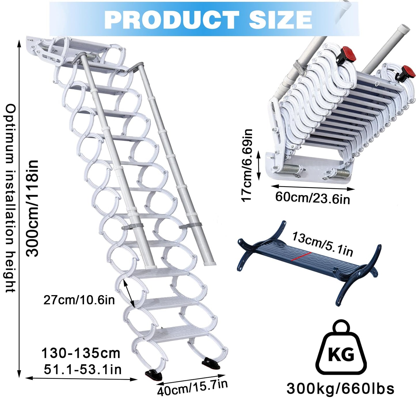 12 Steps Wall-Mounted Folding Stairs for Attic, Attic Ladder Pull Down System with Retractable Handrail& Pull Rod, Anti-Slip Steps, Attic Stairs for Home (White, 9.6-10ft)