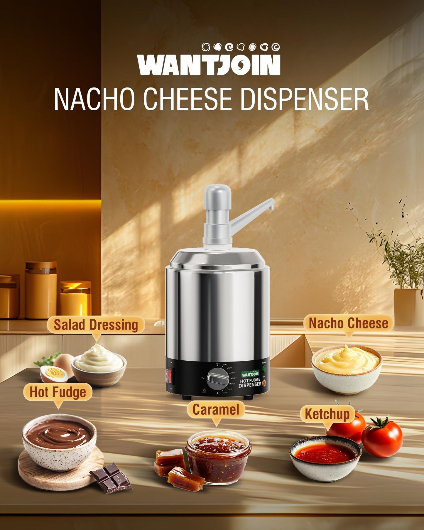 WantJoin Nacho Cheese Dispenser with Pump - 2.8QT Stainless Steel Warmer with 86-230°F Adjustable Temperature Control