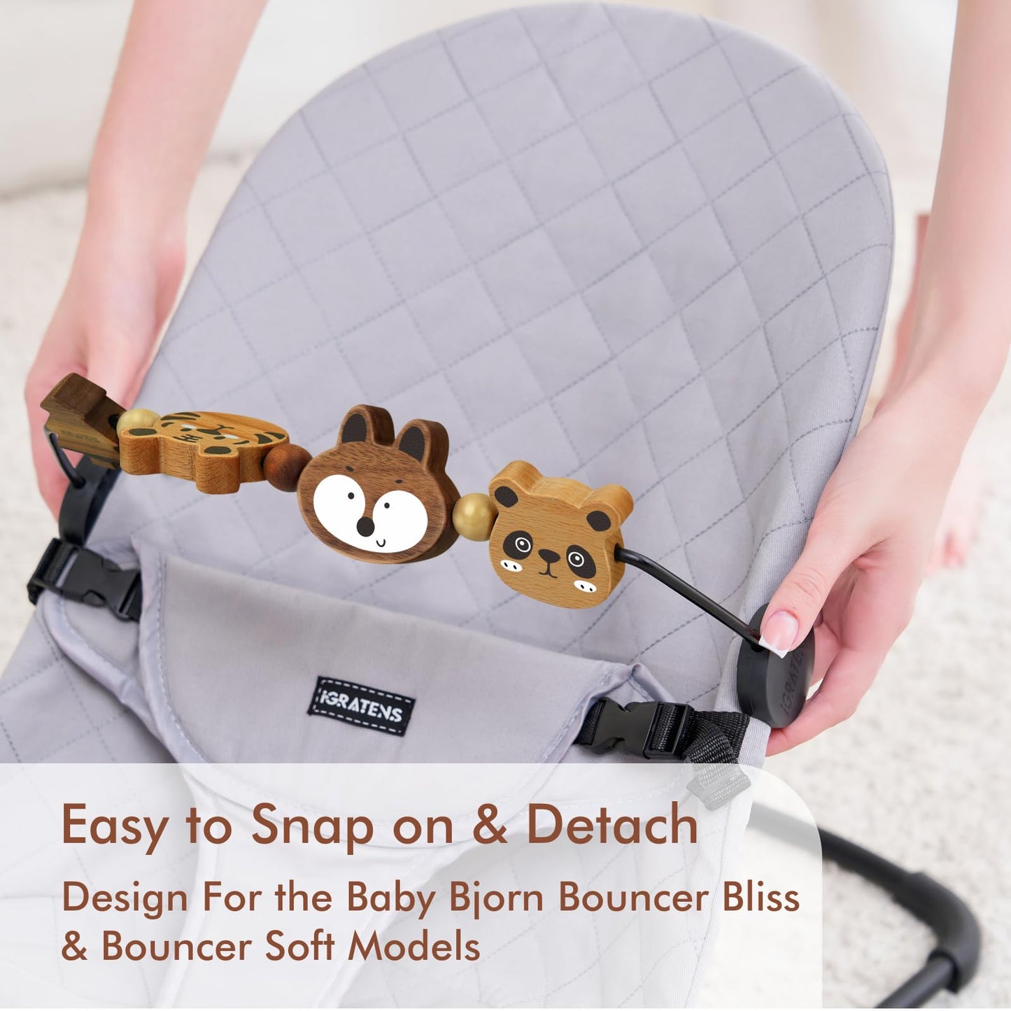 iGRATENS Baby Bjorn Bouncer Toy Bar - Toy Bar for Baby Bouncer Soft & Bliss, Easy to Attach and Remove, 360°Rotating Natural Wooden Toys, Exciting Design for Curious Babies, Safari Animals