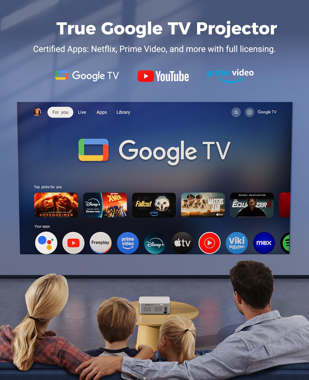 Google TV Projector 4K Support - CiBest Smart Projector with WiFi 6 and Bluetooth, Outdoor Movie Proyector Full-Sealed Optical Engine 3000 ANSI Home Ceiling Projector with Autofocus, Streaming Apps