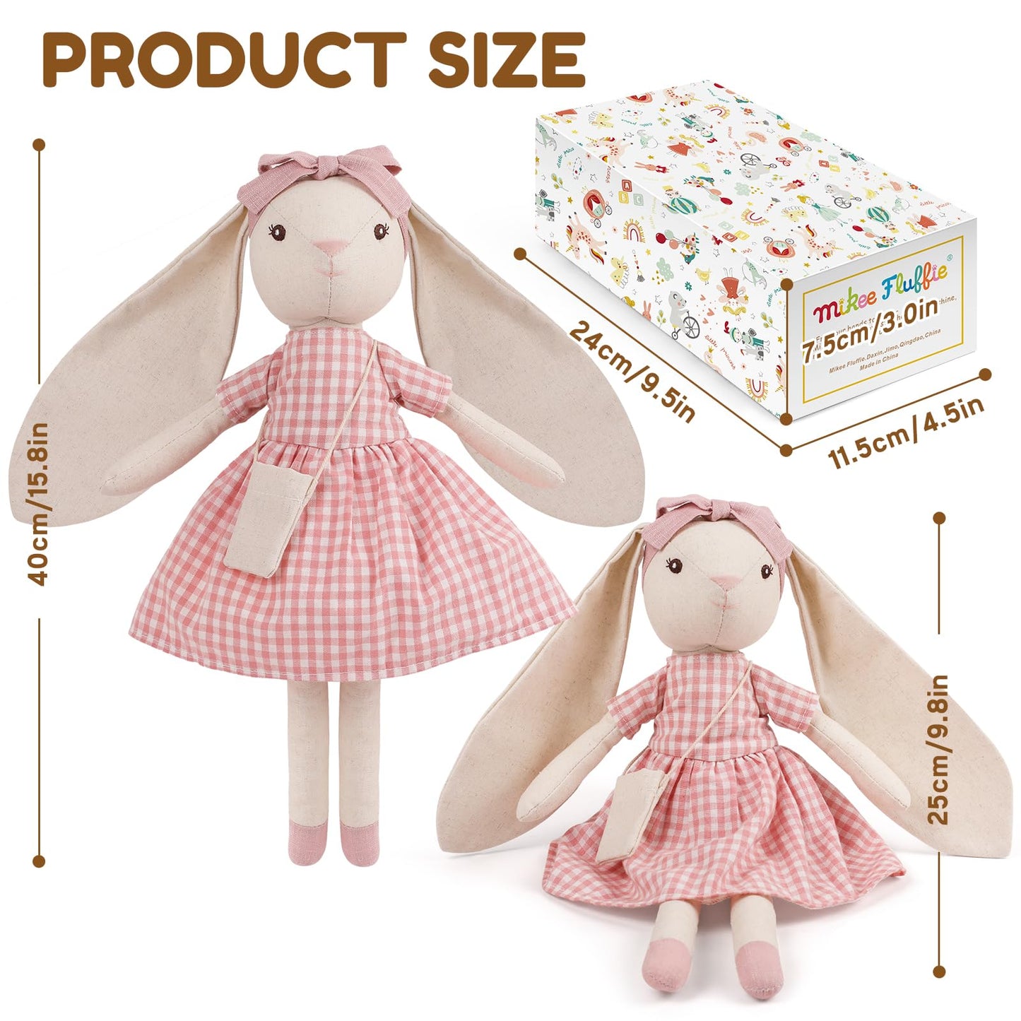 Mikee Fluffie 15" Bunny Stuffed Animal for Girls, Plush Toy Doll -Wearing Pink Plaid Dress,Cute Doll Set Dress Up for 3 4 5 Year Old Girl - Gift for Little Girl, Birthday, Easter,Christmas