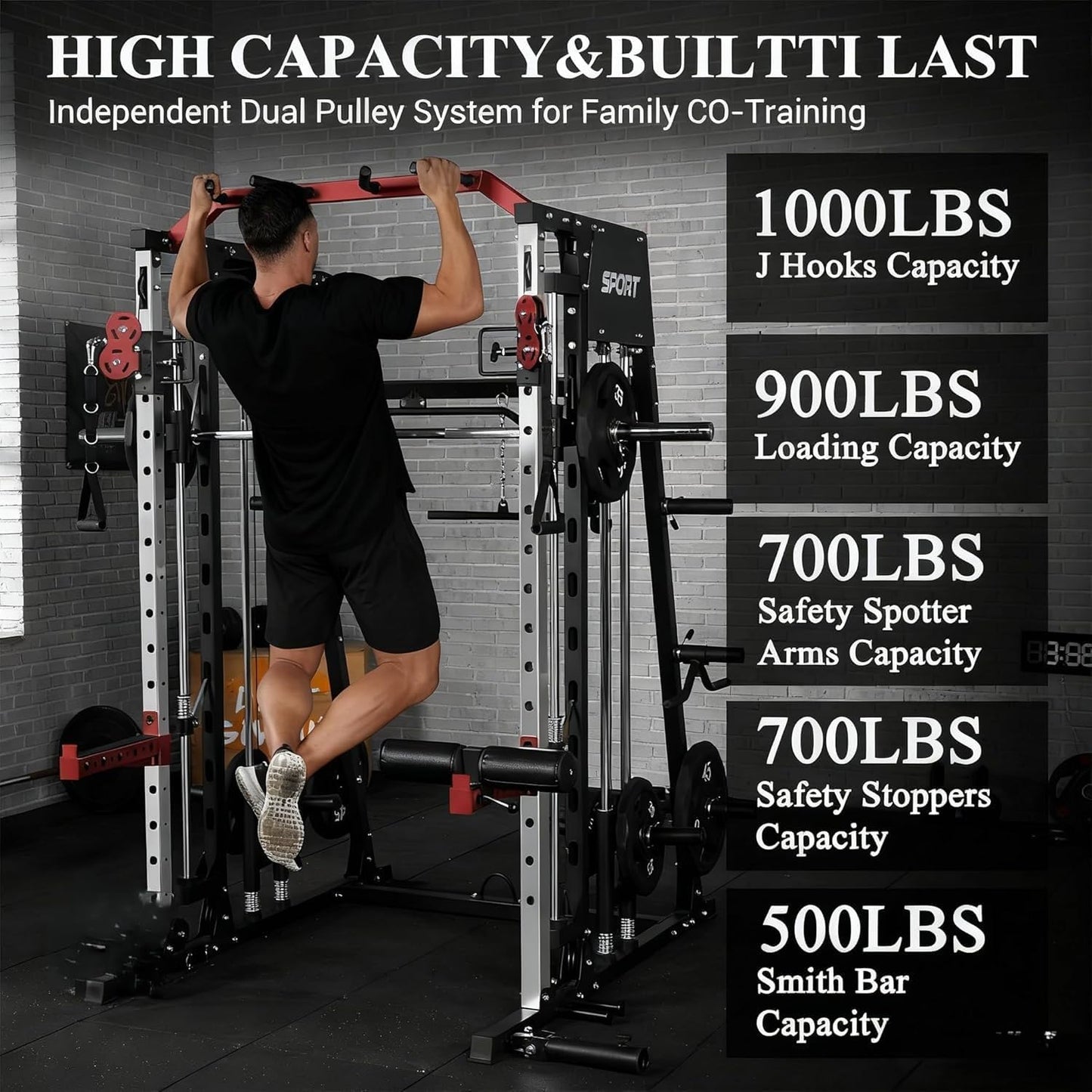 Smith Machine Power Rack, 2200 LB Capacity, Multi-Functional Home Gym LAT Pulldown & Cable Crossover, t-Bar Row, Leg Anchor, Full Body Strength Trainer, Red& Black