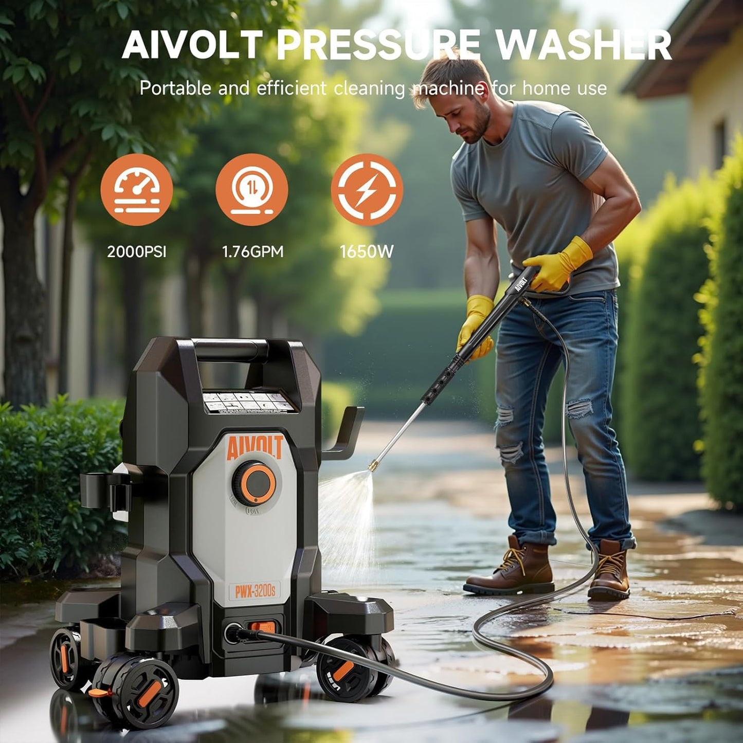 AIVOLT Pressure Washer, Power Washer with 4 Quick Connect Nozzles, High Pressure Cleaning Machine with Foam Cannon for Cars/Fences/Driveways/Patios/Home Cleaning