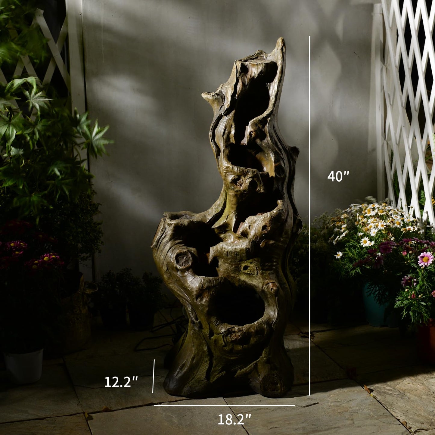 Sunlinua Water Fountain Outdoor 5-Tiers Large Cascading Realistic Tree Trunk Natural Waterfall Outdoor Fountain Resin Imitation Wood with LED Lights for Garden, Patio, Porch
