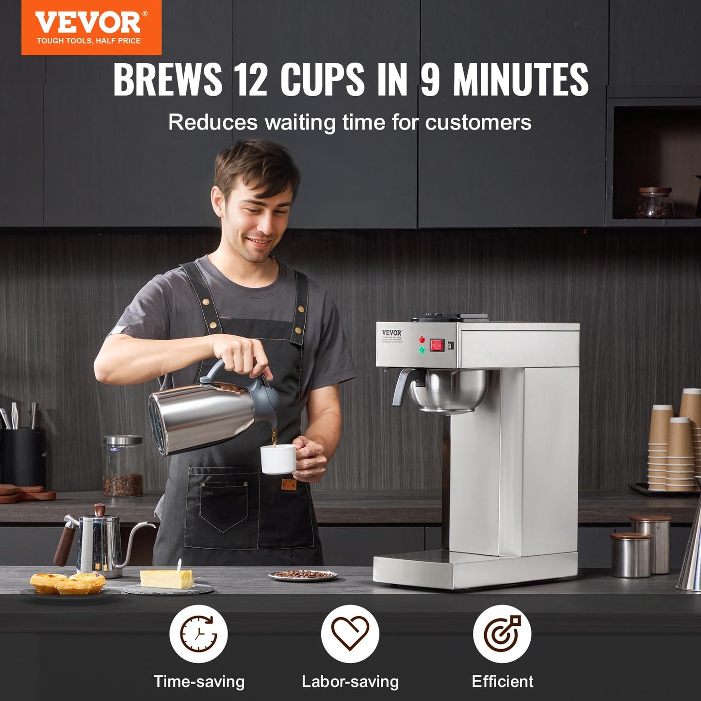 VEVOR 12 Cups Commercial Drip Coffee Maker, Coffee Maker Machine with Thermal Carafe to Keep Warm or Cold, Stainless Steel Pour Over Coffee Brewer for Restaurant, Office, Cafe