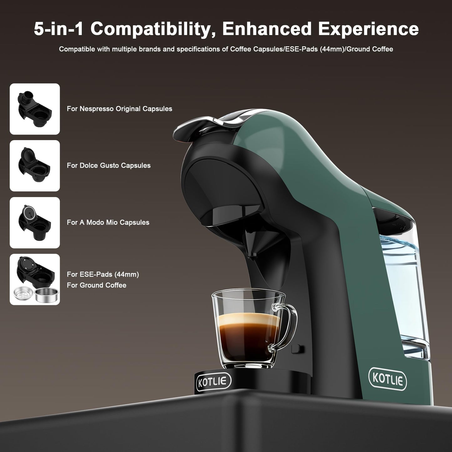 KOTLIE EM-308B Espresso Machine, Single Serve Coffee Maker Compatible with Multiple Capsule Types, Ground Coffee, and ESE Pods, 3 Temperatures, 7 Water Volume Levels, 34 Oz(Green)
