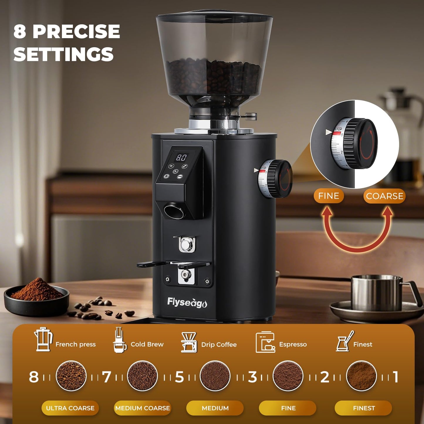 Flyseago Commercial Coffee Grinder Heavy Duty - 64mm SS Flat Burrs, 8 Precise Settings, Button Control, 35oz Hopper, Business and Home Use, Black 400W