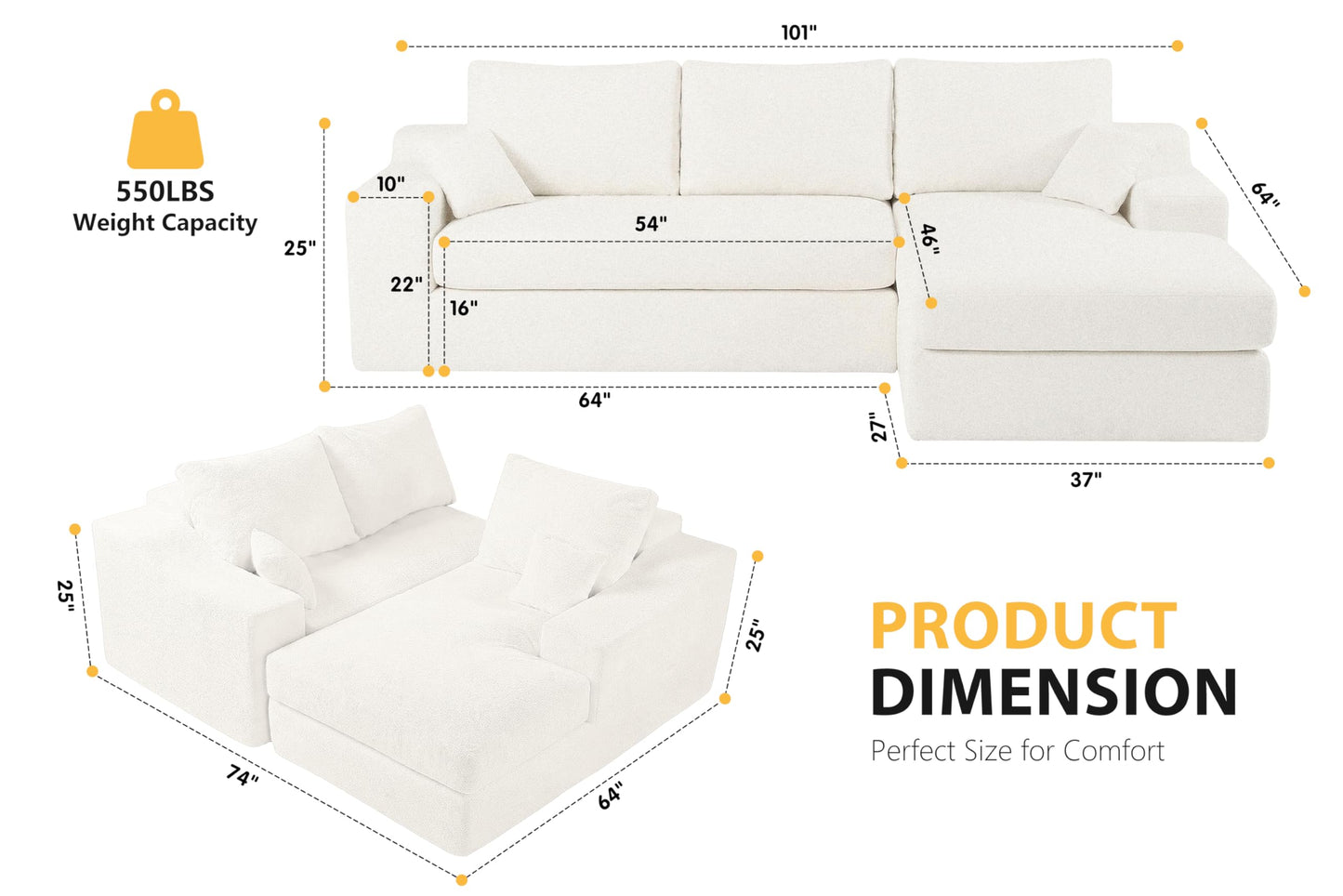 HABUTWAY 101'' Modular Sectional Sofa, Cloud Sectional Couches for Living Room, Comfy Boneless Couch with Deep Seat, Modern L-Shape Sofa with Chaise, No Assembly Required (Beige, Right Facing Chaise)