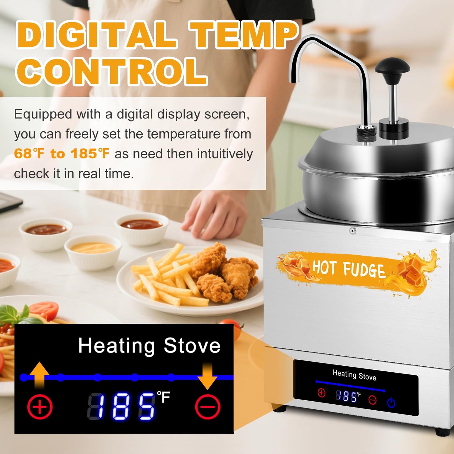 Digital Nacho Cheese Dispenser with Stainless Pump, 7.4Quart Nacho Cheese Warmer Stainless Steel Hot Fudge Dispenser Insulated Pump Dispenser for Cheese Sauce Fudge Butter Caramel