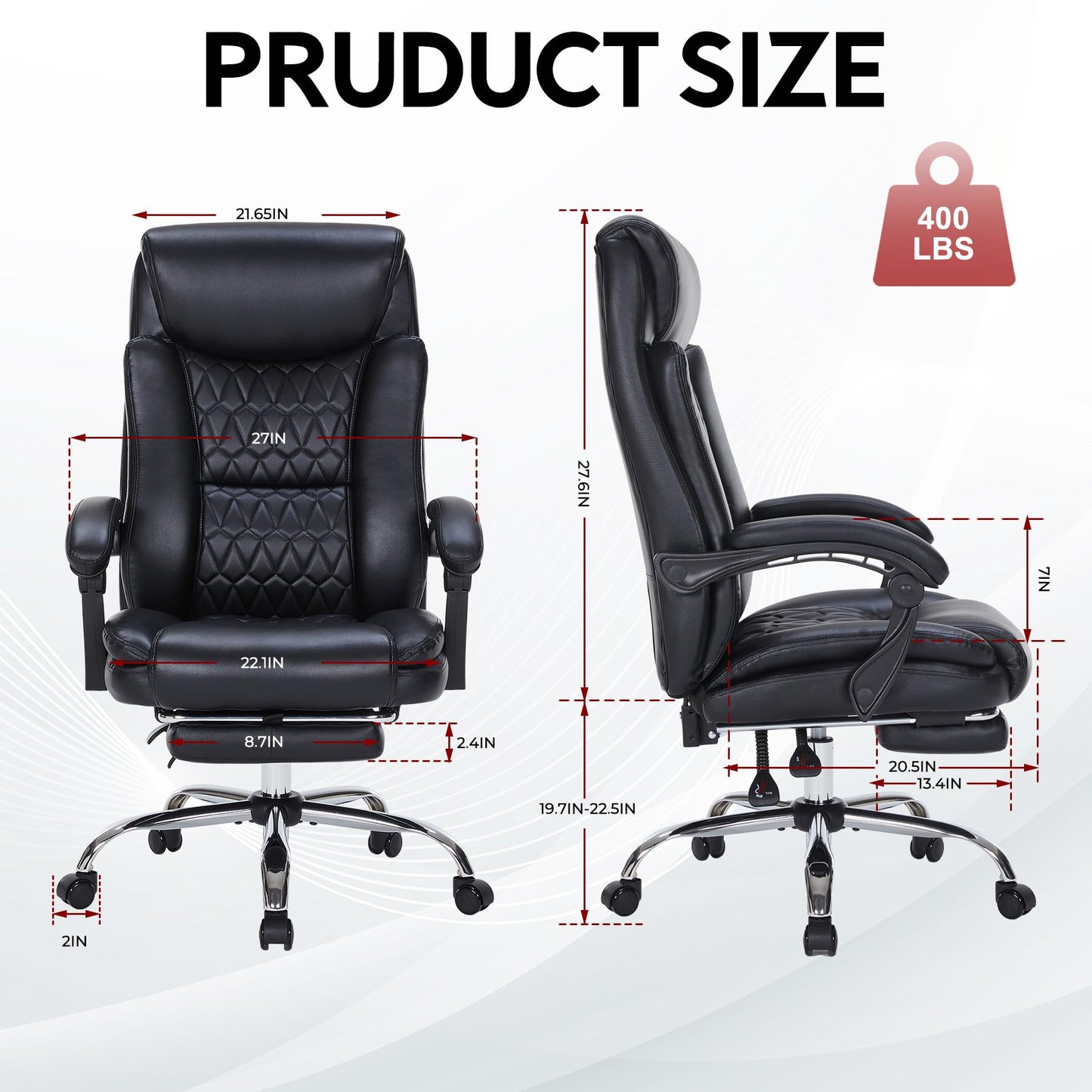 400lbs Reclining Executive Office Chair with Foot Rest, Big and Tall Ergonomic Office Chair, Home Office Desk Chairs for Heavy People (Black)