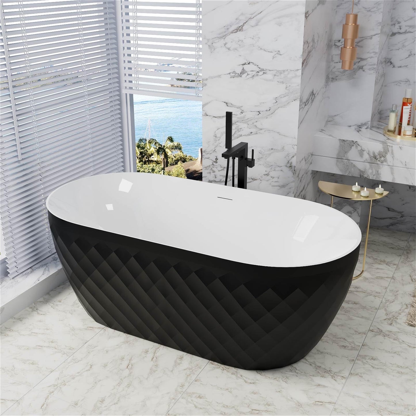 Mokleba 59" Acrylic Freestanding Bathtub,Double Ended Shape lozenge texture Bathtub with Integrated Slotted Overflow, Toe-Tap Chrome Drain, cUPC Certified,Black