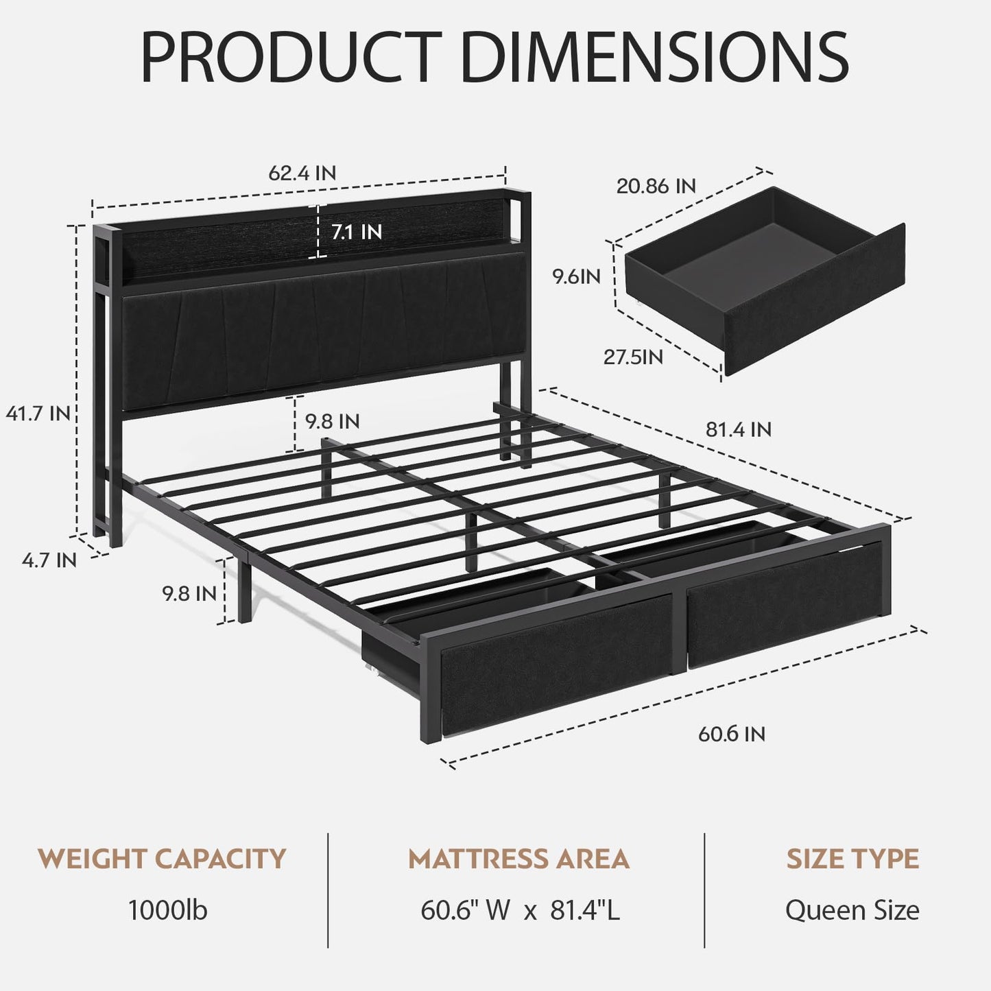 CIKUNASI Queen Size Bed Frame with Headboard and Storage Drawers Platform Bed Frame with Storage Chargin Station LED Light Bedframe Heavy Duty No Box Spring Needed