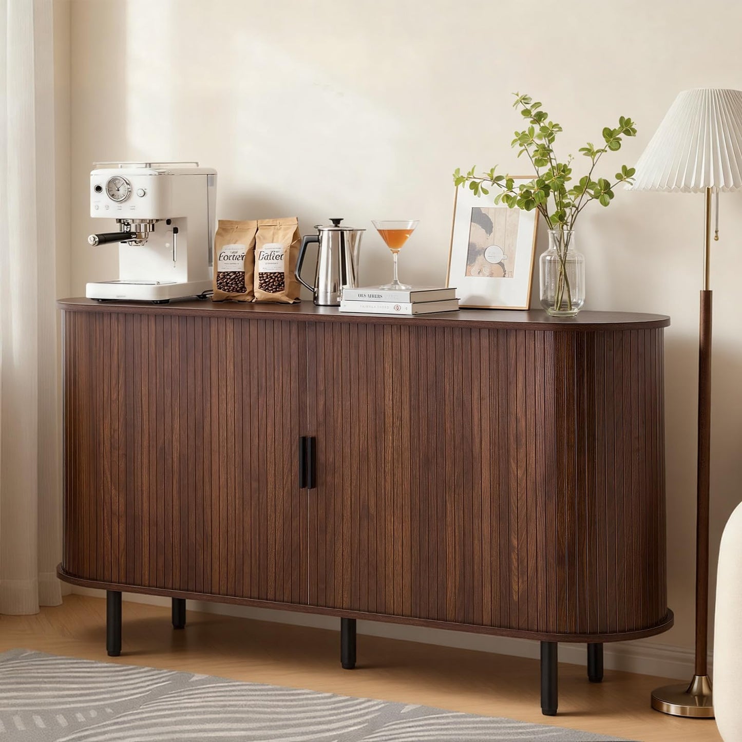 VEVOR Coffee Bar Cabinet, Mid Century Buffet Cabinet with Storage, Sideboard Cabinet with 2 Sliding Doors, Sideboard Buffet Station for Living Room, Entryway, Kitchen, 55.1 x 15.7 x 29.5 in, Walnut