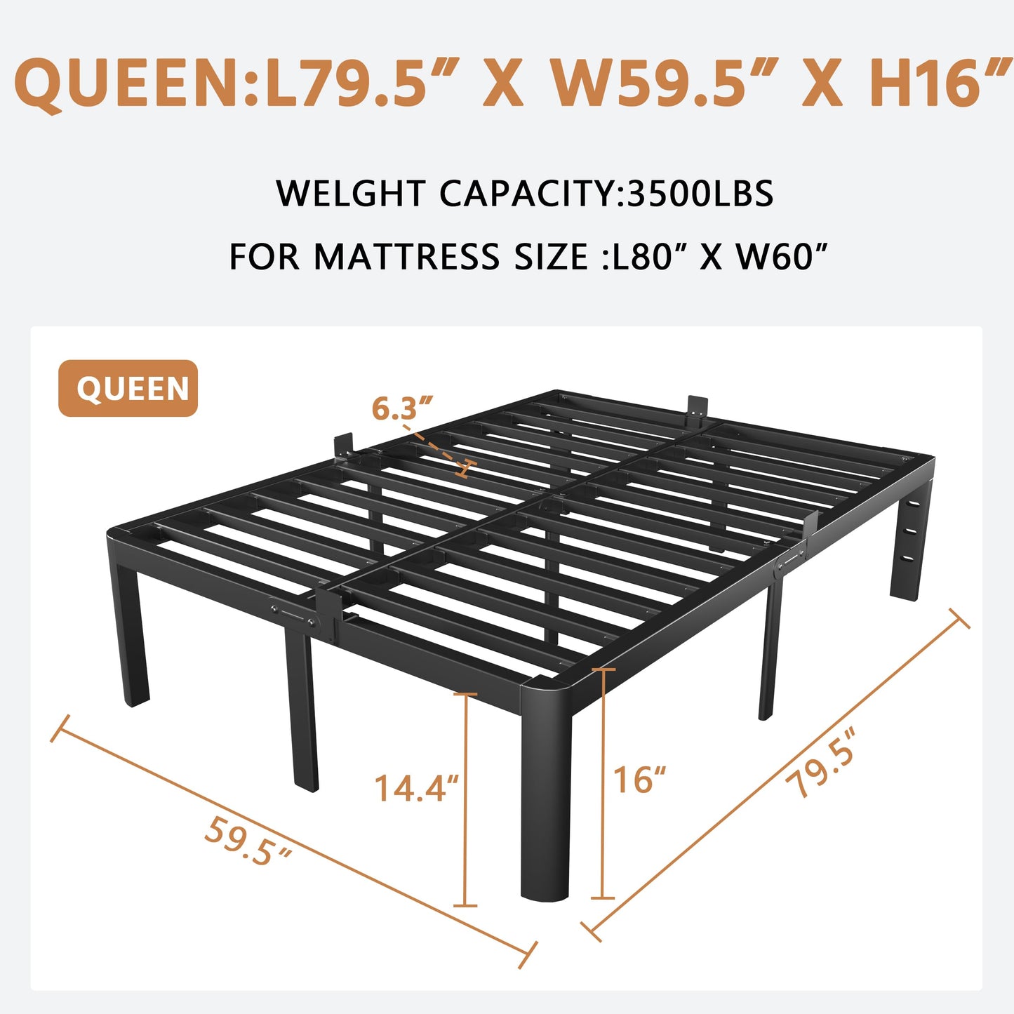 KZZLOL Queen Size Bed Frame Black, 16 Inch Metal Queen Bed Frame No Box Spring Needed, DIY Headboard Holes, Heavy Duty Steel Support 3500 LBS, Noiseless, Round Corner Leg, Storage Space, Easy Assembly