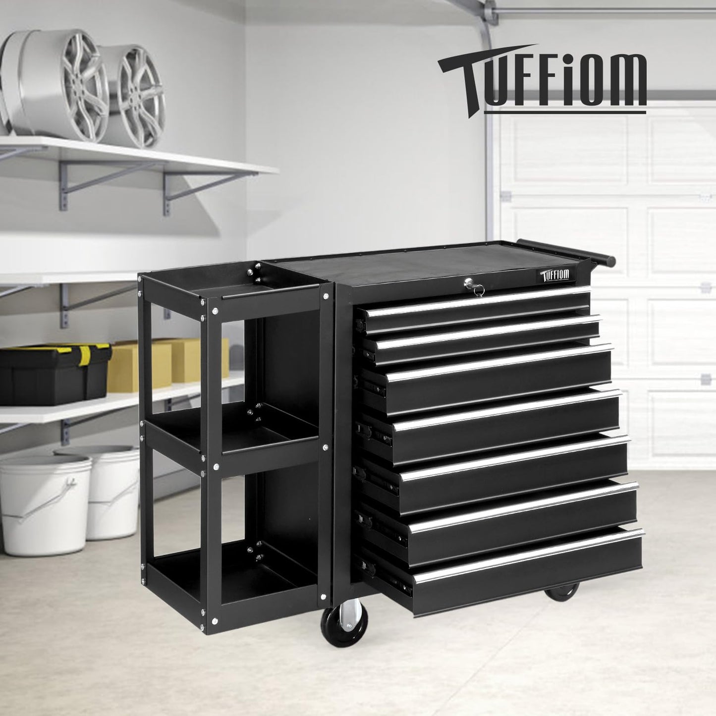 TUFFIOM 7-Drawer Rolling Tool Chest with Side Shelves, Tool Storage Side Cabinet w/Lockable Wheels, Top Cushion & Drawer Liners, Tool Organizer Box for Garage, Warehouse & Repair Shop