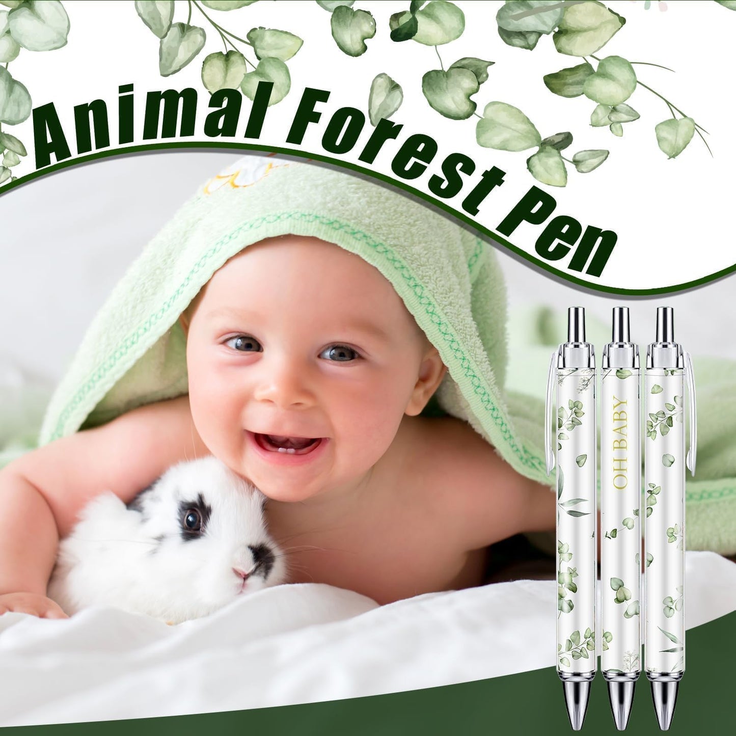 EYNDYN 145 Pieces Baby Shower Favors for Guest Eucalyptus Leaf Ballpoint Pens and Keychains Gifts for Boys Girs Bulk Retractable Baby Shower Pens Gender Reveal Greeting Cards Souvenirs Prizes