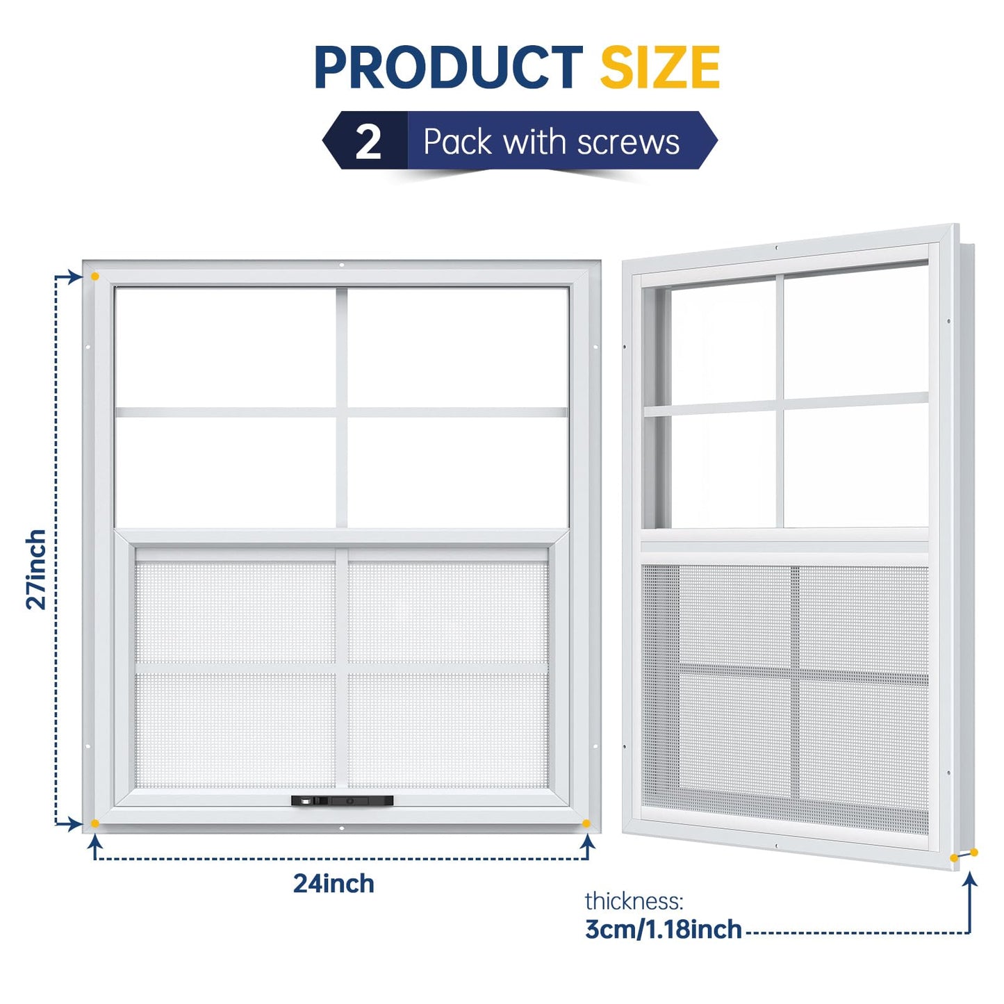 2 Pack 24 x 27 Shed Windows with White Frame, Flush Mount Small Window with PC Screen for Shed for Shed, Chicken Coop, Household, Playhouse, Garage
