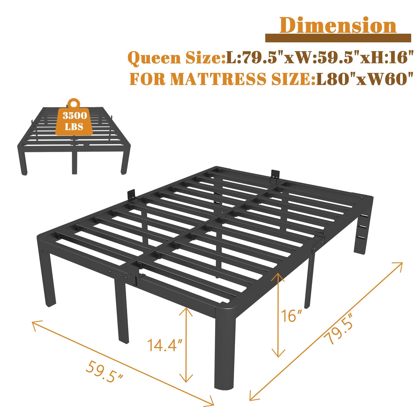 KOSOSO 16 Inch Bed Frame Queen Size with Metal Gaskets, Black Queen Platform Bed Frame No Box Spring Needed, Heavy Duty Steel Support, Round Corner Design, Storage Space, Noiseless, Easy Assembly