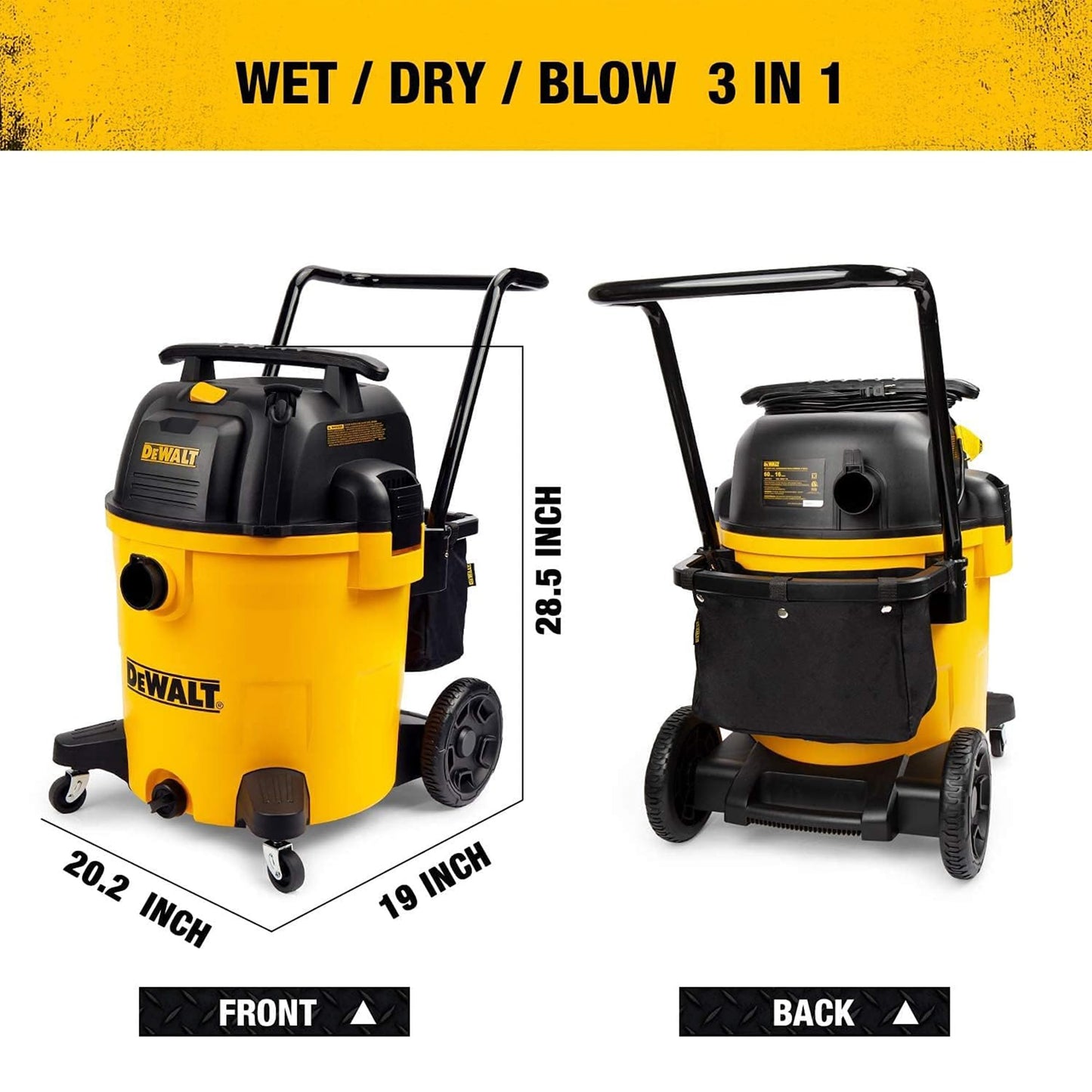 DEWALT DXV16PA 16 Gallon Poly Wet/Dry Vac/Acc, 6.5HP Shop Vacuum Wet/Dry for Jobsite/Workshop, Yellow