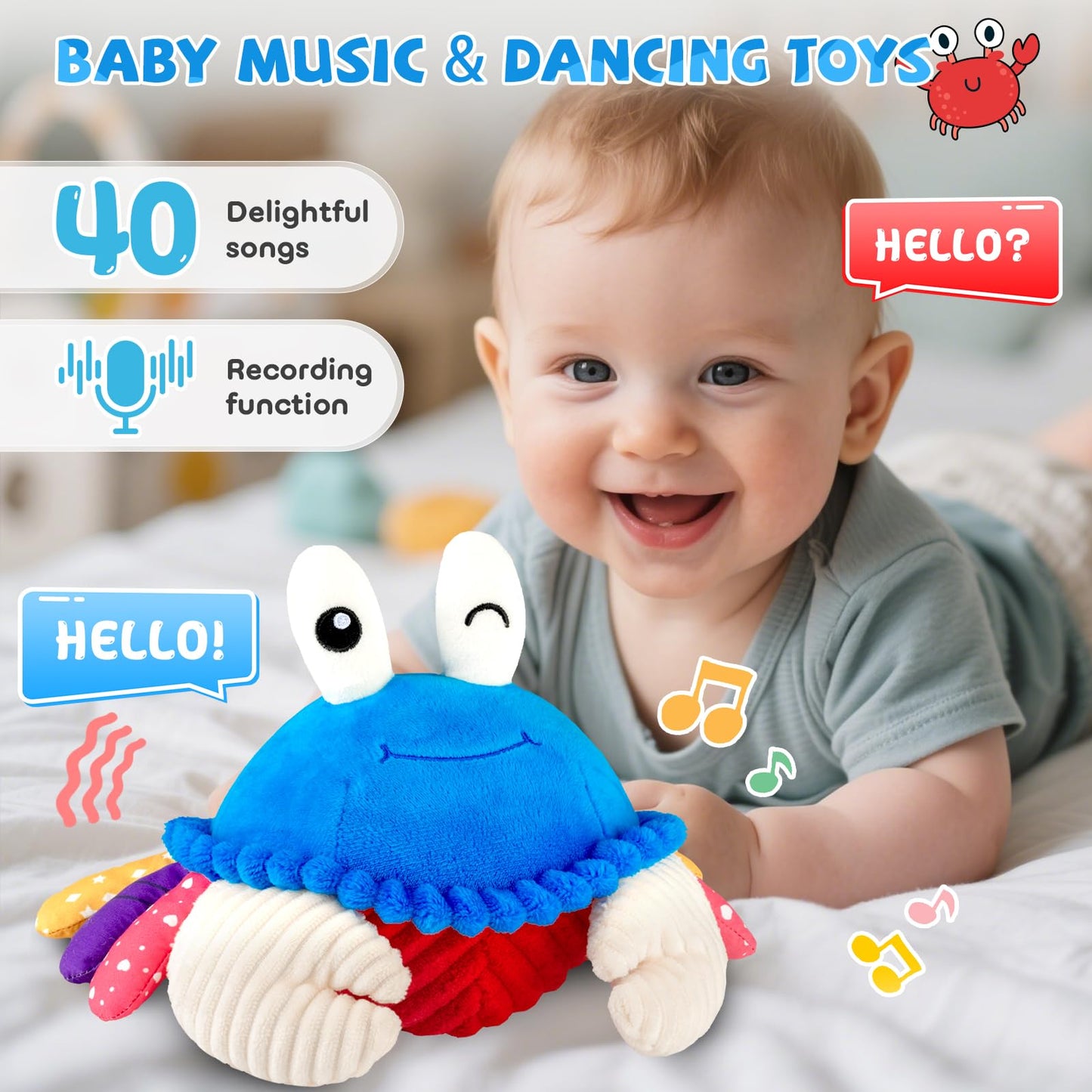 Baby Toys 6-12 Months, Musical Crawling Crab Plush Toy - 40 Songs & Recording Feature, Dancing Walking Moving Bouncing Tummy Time Toy, Sensory Toys for Toddlers 1-3, Birthday Gifts for Infants