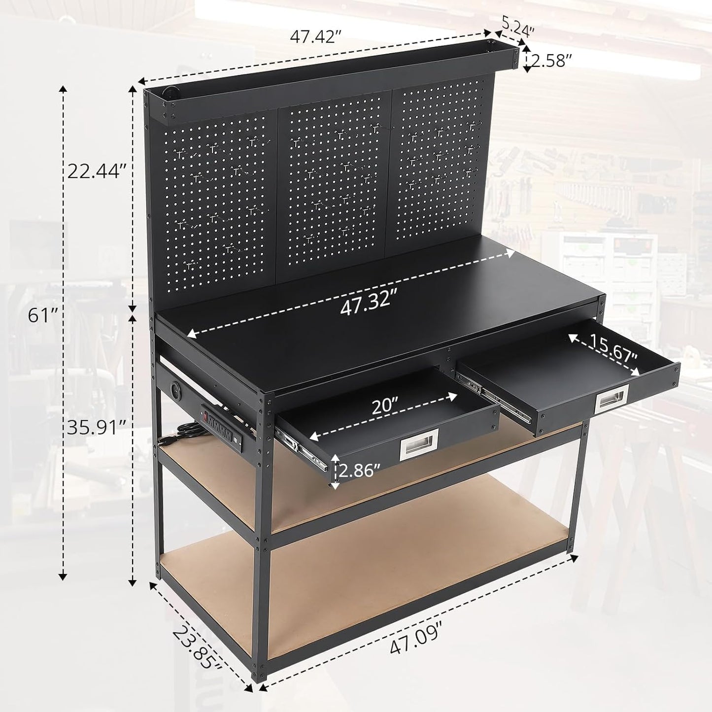 KOKEBREN 48'' 3-Tier Adjustable Workbench, Heavy Duty Workbench with Drawer and Backplate, 2000 LBS Capacity Work Table, Suitable for Office, Garage, Workshop