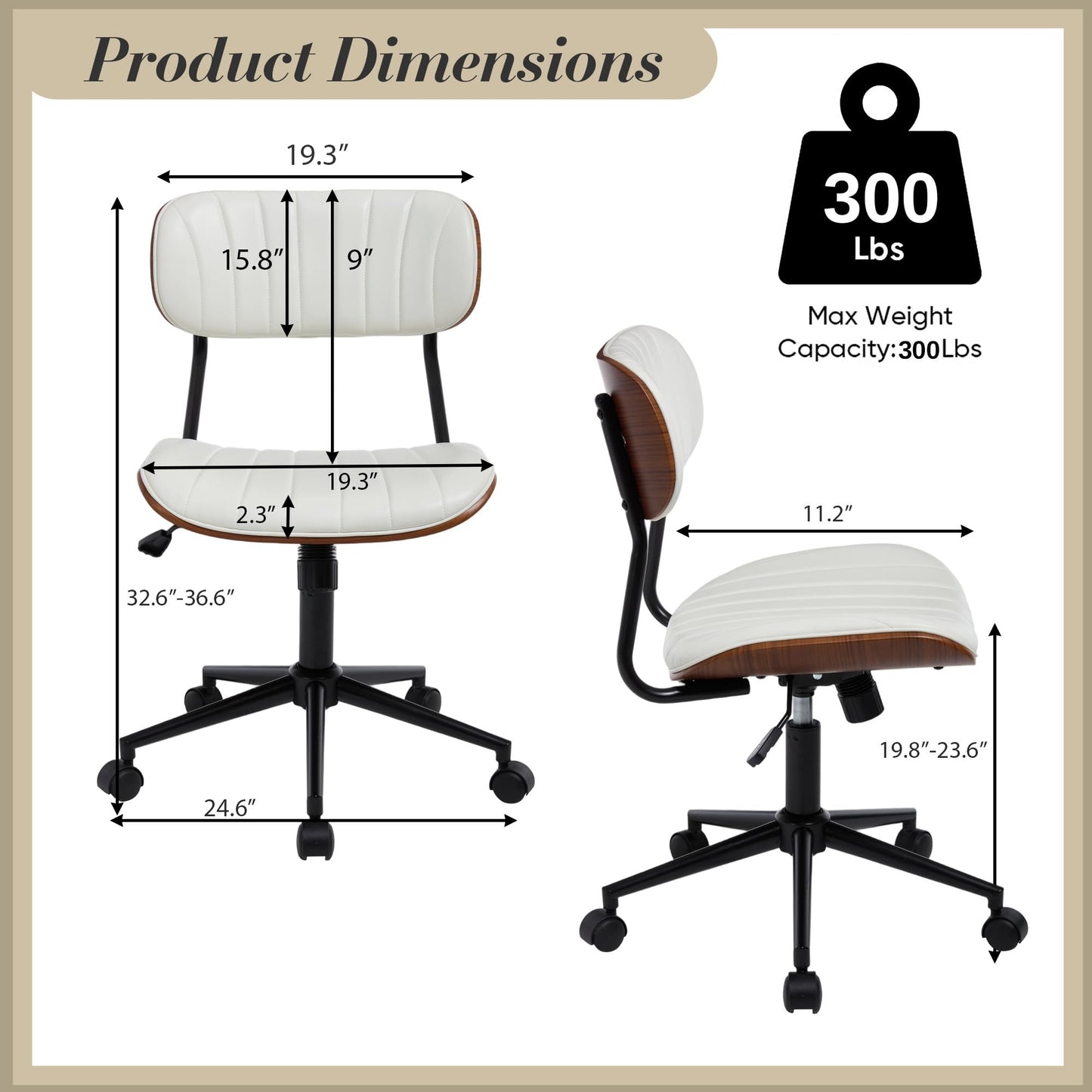 Fashionom Modern Walnut Home Office Chair,Adjustable Height Desk Chair with Wheels,Armless Computer Chair for Office, Reading Meeting Room, White