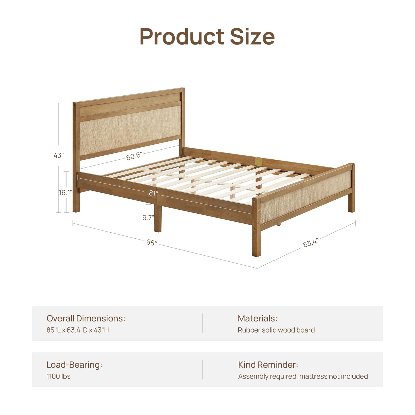 SICOTAS Rattan Queen Bed Frame with Tall Headboard, 15 Inch Natural Solid Wood Platform Bed Boho Bedframe with Wooden Slats Support & Under Bed Storage, Noise Free, Easy Assembly, Oak