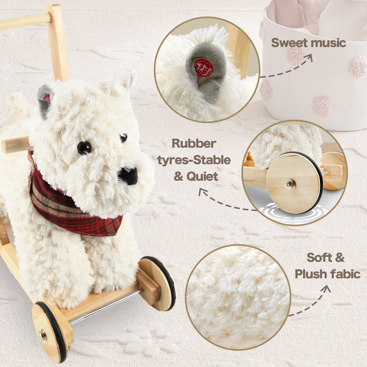 Rock My Baby Wooden Baby Walker, Baby Push Walker with Wheels for 12M+, Toddler Learning to Walk Toy with Sweet Music & Animal Seat 2 in 1 Sit-to-Stand Walker Toy Gift for Boy Girl (Scottie Dog)