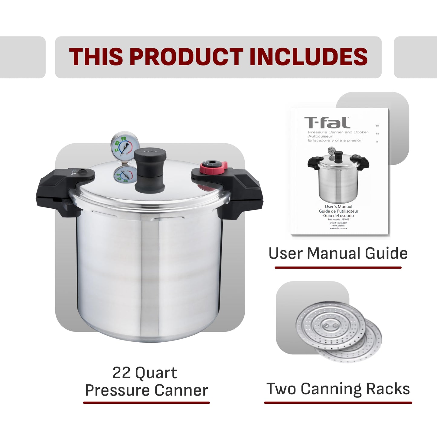 T-fal 22-Quart Aluminum Pressure Canner, 3 PSI Settings, Home Canning, Includes Racks & Canning Guide, Large Capacity, Pressure & Water Bath Canning for Vegetables, Meats, Seafood & Fruits, Silver