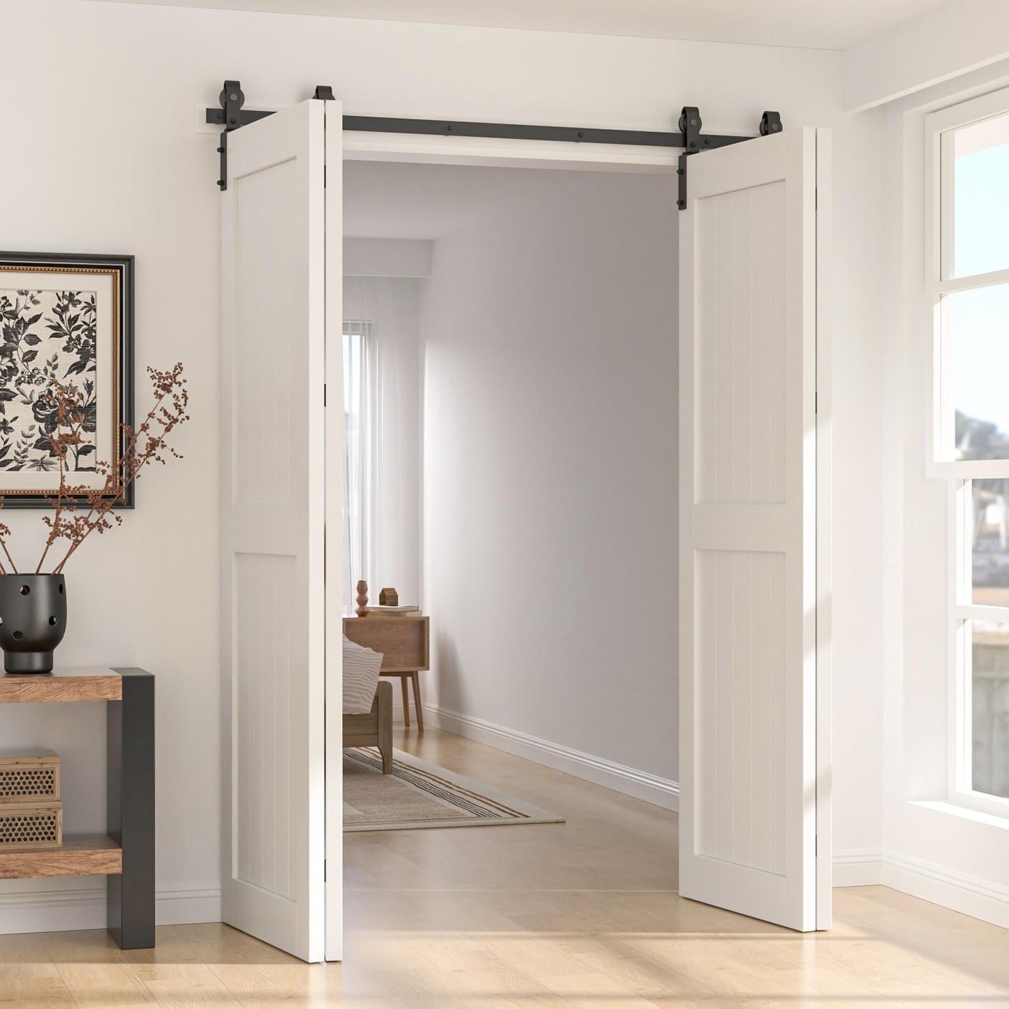 CCJH 8FT/96'' Bi-Folding Barn Door Hardware Sliding Track kit Heavy Duty for 4 Doors(No Wood Door,Hardwware Only)