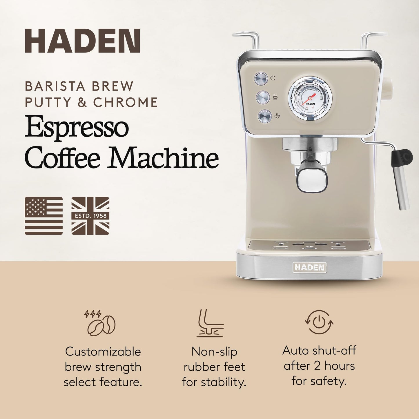 HADEN Barista Brew Espresso Coffee Machine, Stainless Steel Espresso Maker with Milk Frother and Steamer Function and 1.5L Water Tank, Putty & Copper