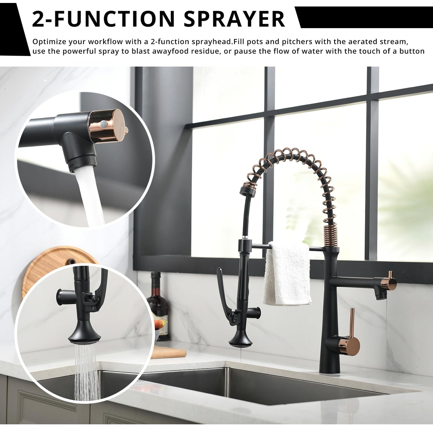 AIMADI Black and Gold Kitchen Faucet - Matte Black Kitchen Faucet Commercial Single Handle Kitchen Faucets with Pull Down Sprayer,Rose Gold Kitchen Sink Faucets