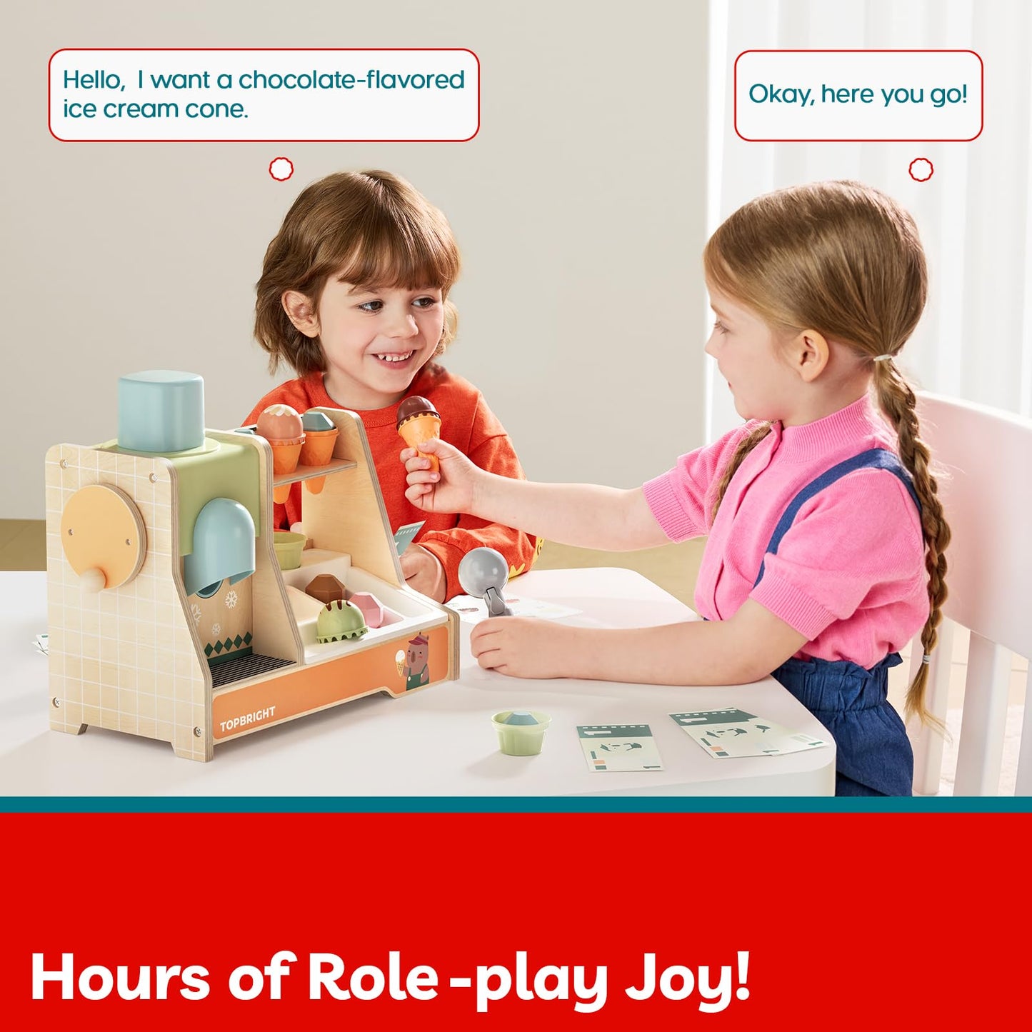 TOP BRIGHT Wooden Ice Cream Pretend Play Toys, Play Kitchen Set for Kids with Ice Cream Counter & Scoop & Menu, Montessori Toys for Boys Girls Capybara Gift Age 3+