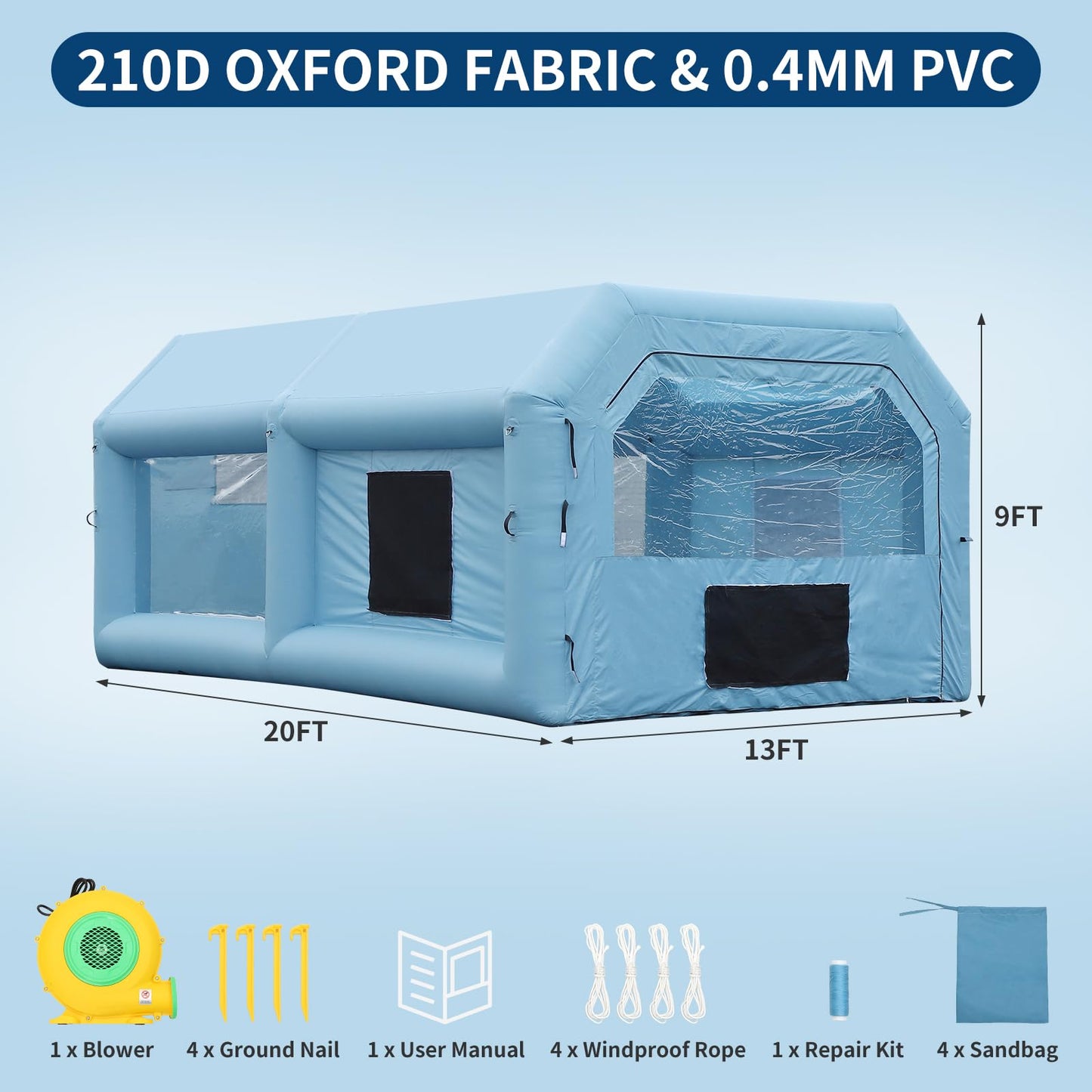 Inflatable Paint Booth 20x13x9Ft with 750w Blower, Portable Spray Paint Tent for Cars, Auto Parts, Home DIY- Durable Oxford Fabric