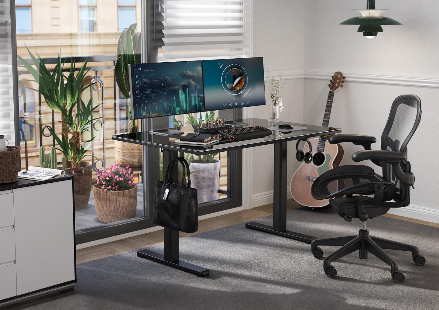 Claiks Electric Glass Standing Desk, 35x20 Inch Adjustable Height Stand Up Desks Quick Install for Computer, Black