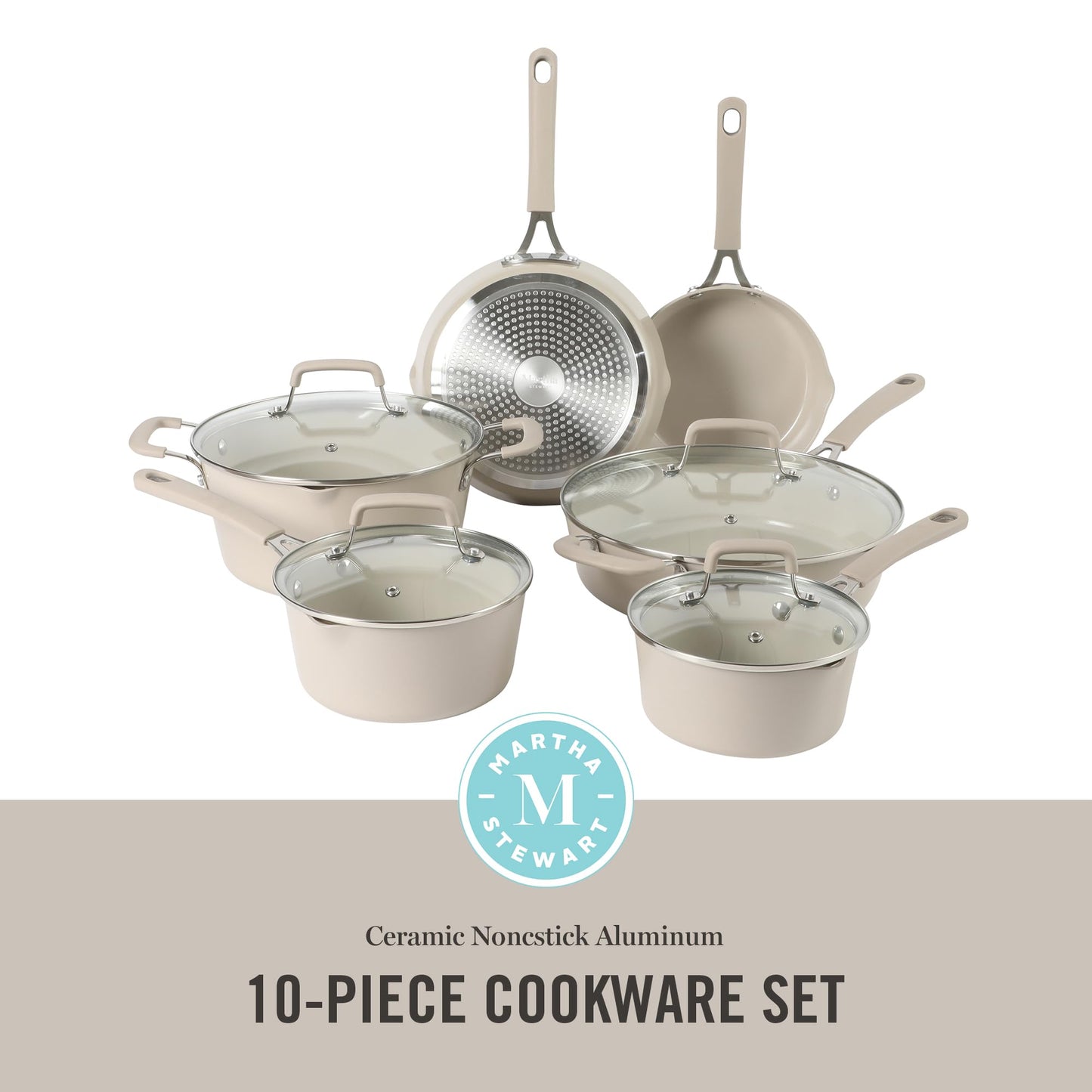 Martha Stewart Heathland Premium Nonstick PFA Free Ceramic Interior 10-Piece Tapered Aluminum Cookware Set - Taupe