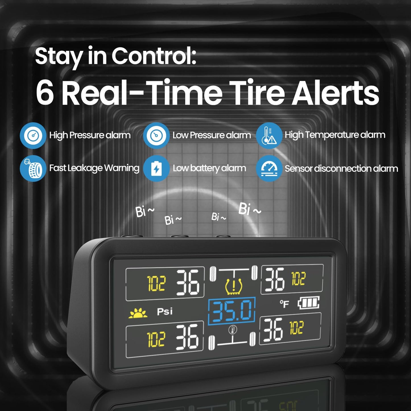 RV Tire Pressure Monitoring Systems with 4-inch LCD Screen, Wireless TPMS w/ 4 Sensors & 6 Alarm Modes, 0-144 PSI ±1.5PSI, Solar/USB Charging, for RV Trailer Truck - with 4 Tire Valve Stem Caps