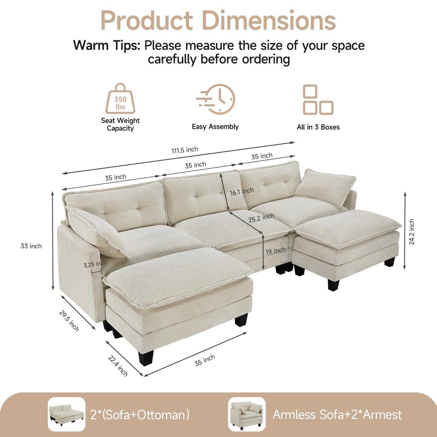 Amsleekey Modular Sectional Sofa, 111.5" U-Shaped Corduroy Comfy Sectional Couches for Living Room, 3-Seater Cloud Couches with 2 Movable Ottomans, Flexible Combination Modern Deep Seat Sofa (Beige)