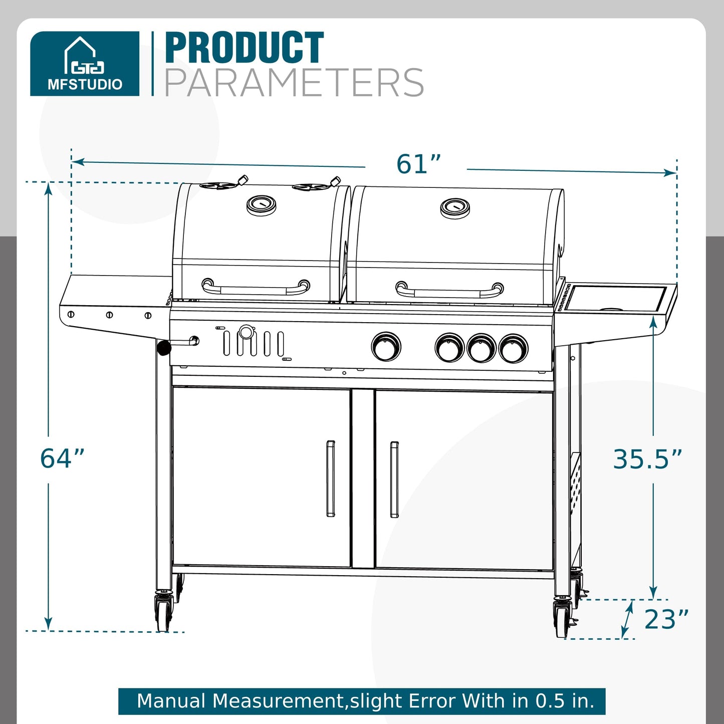 MFSTUDIO 3 In 1 Gas and Charcoal Grill Combo with Side Burner, Porcelain-Enameled Cast Iron Grate, Extra Large Dual-Function BBQ Propane Grills for Outdoor Barbecue Cooking, 690 SQIN Cooking Area