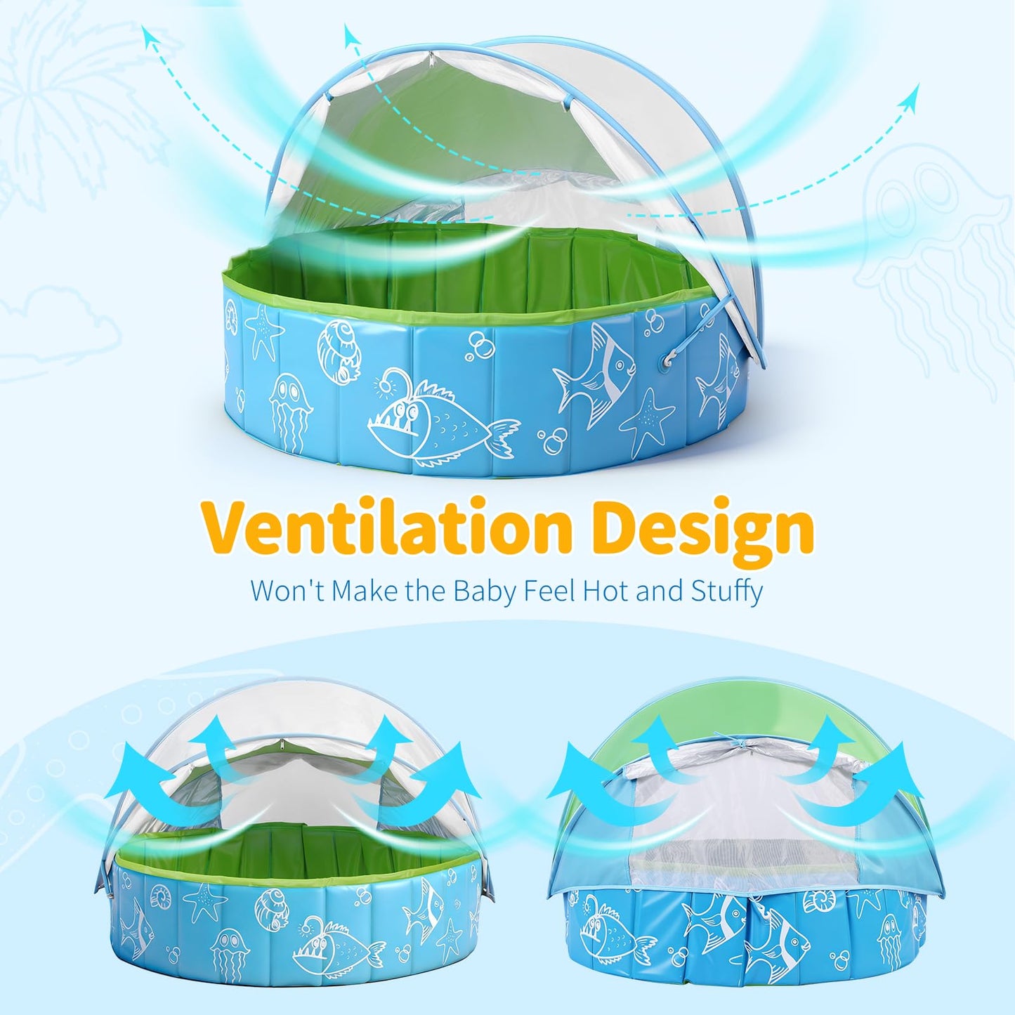 47" Foldable Kiddie Pool with Canopy, Suitable for Toddlers and Babys Aged 1-5 Years, Designed for Use in Backyard, Beach, Park, Blue and Green(No Sprayer)