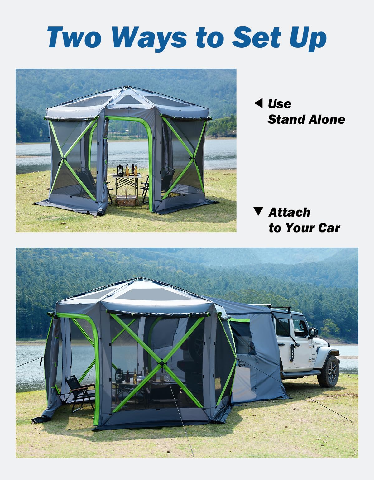 JOYTUTUS Dual-Use Pop up SUV Tents for Camping, 10 x10.5 Ft Big Space 2 Rooms Car Tent, SUV Tailgate Tent for Family Camping, 5 Sides Canopy, Portable Carry Bag, Gray Green