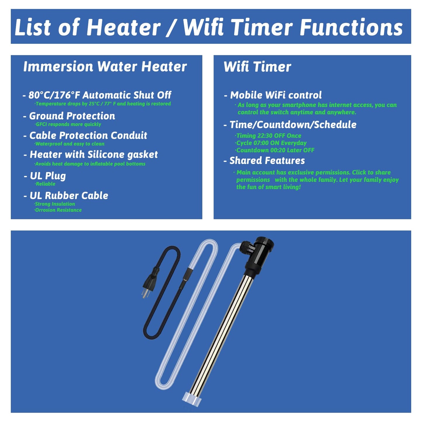 XCLBTFDC 3000W 240V Immersion Water Heater Portable Electric Pool and Hot Tub Submersible Water Heater with Temp Control, WiFi Timer for Bathtub, Baptistry, Swimming pool, above ground pool and Spa