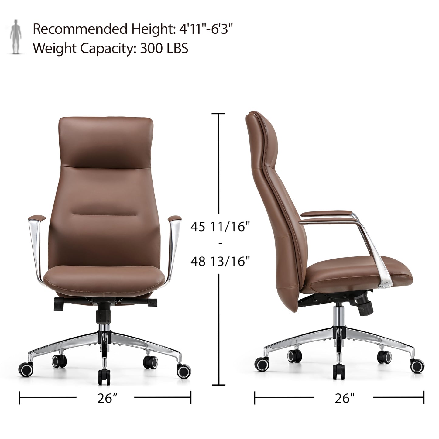 EUREKA ERGONOMIC Royal Slim Executive High Back Brown Leather Office Chair, Home Desk Chair for Adults, Big and Tall with Wheels, Swivel Rolling