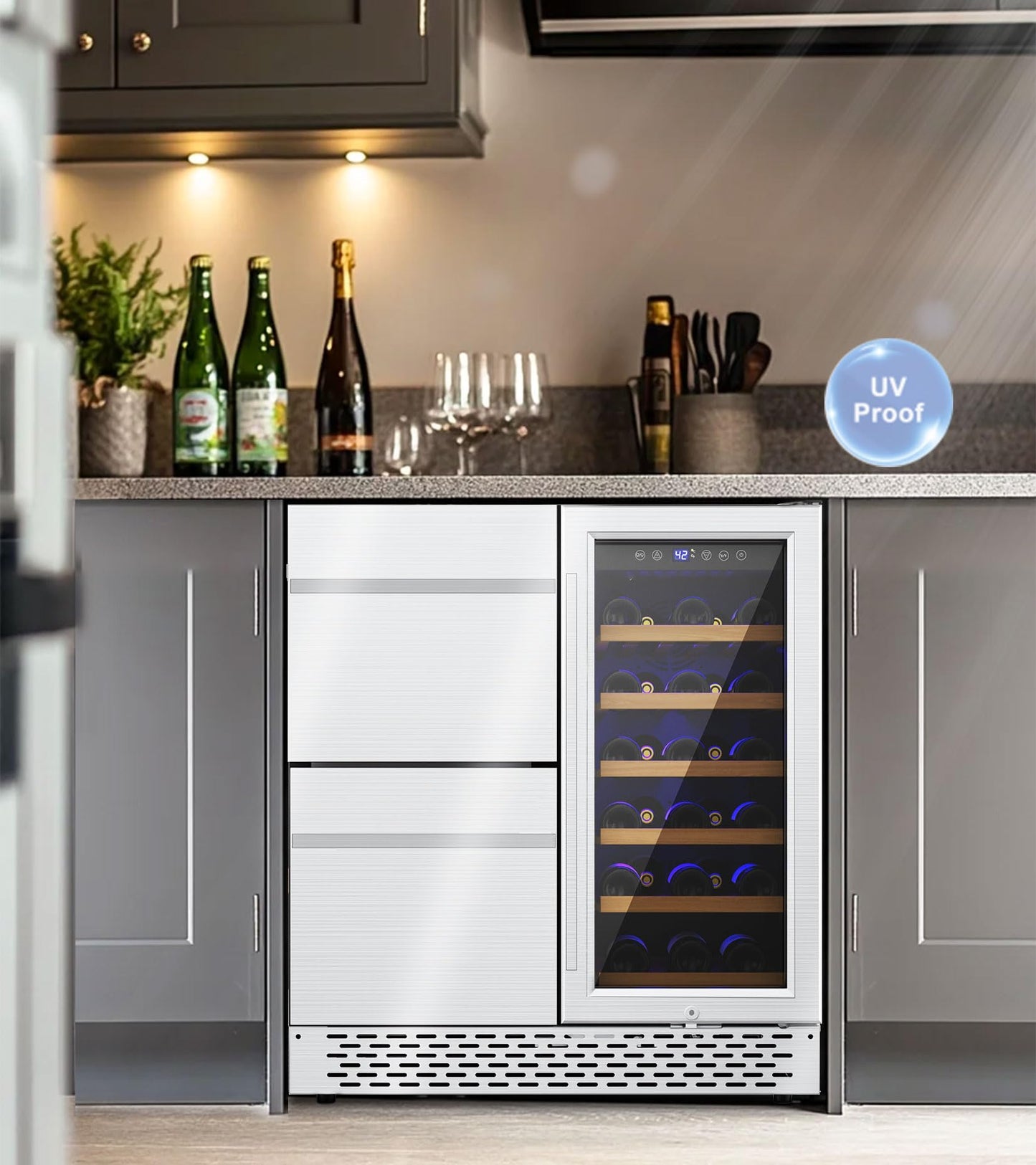 RLPI 30'' Outdoor Wine and Beverage Refrigerator 80 Cooler, 2 Drawer Dual Zone Wine Fridge with Intelligent Control Advanced Compressor Under Counter Freestanding for Patio Bar Cabinet