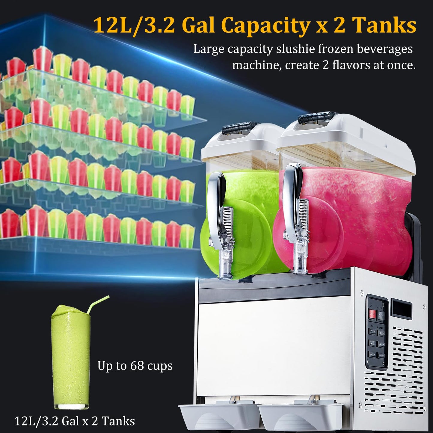 Commercial Slushy Machine 12Lx2 Double Tank, Frozen Drink Maker for Margaritas, 68 Cups Slush Cocktai Drink, Smoothie Machine, Stainless Steel Slushy Machine for Bar & Party Slushie Maker, White