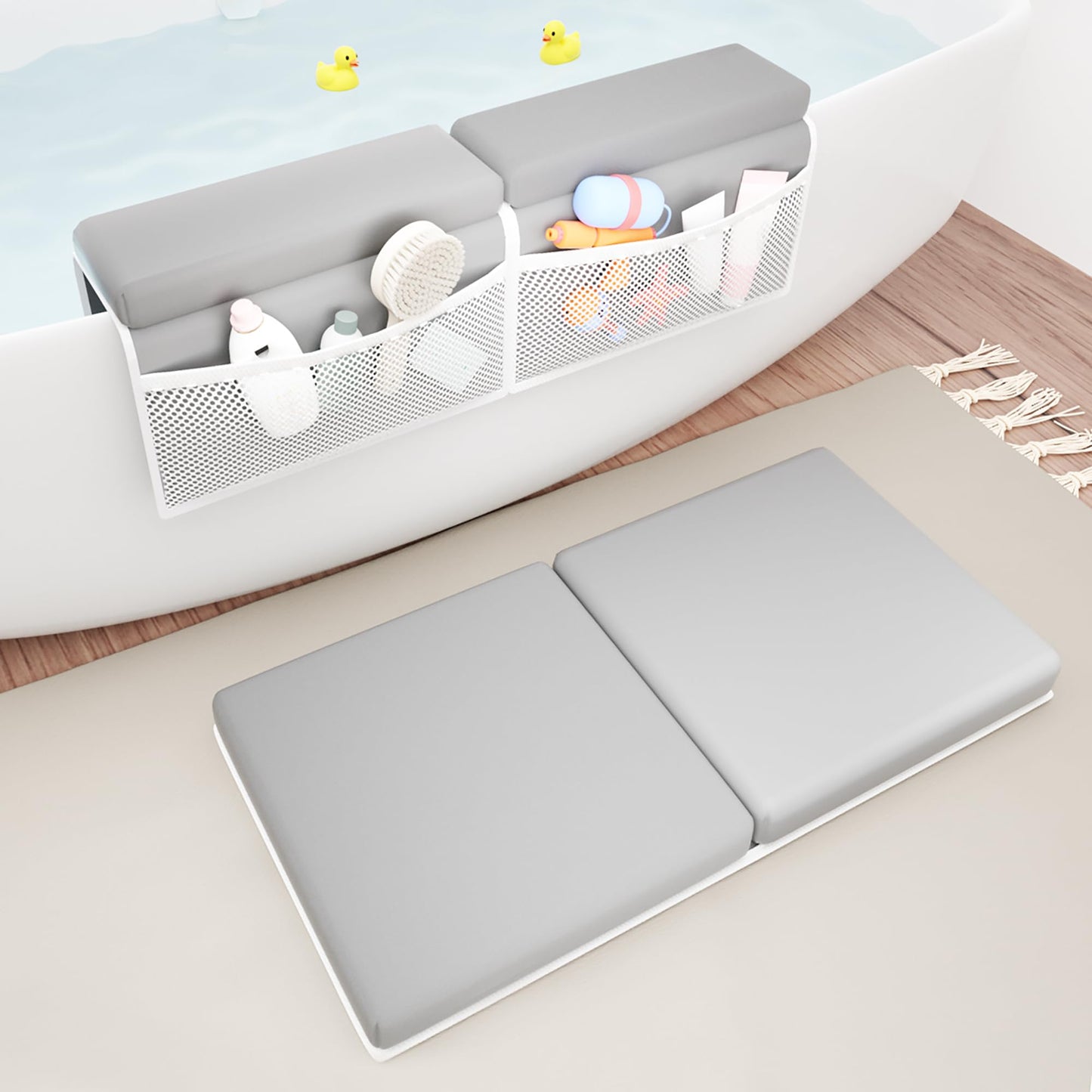 Bath Kneeler and Elbow Rest Pad Set, Comfortable Baby Bath Kneeling Pad for Tub with Toy Organizer Pockets, Non-Slip Knee Pad for Bathing Baby, Quick Dry Bathtub Mat for Toddler & Infant - Grey